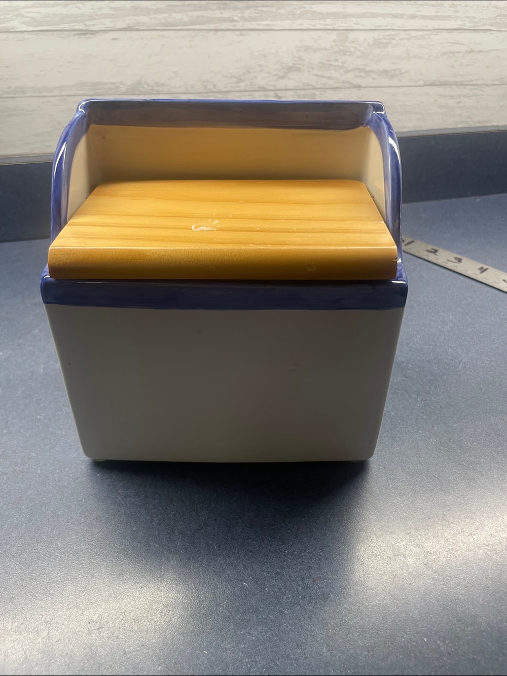 Ceramic Kitchen recipe card box with Blue Trim and Yellow Lid